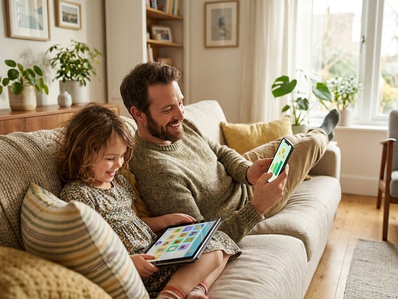 Een vader bekijkt op zijn telefoon de voortgang van zijn dochter terwijl zij speelt