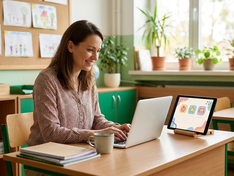 Een leerkracht past op haar laptop een leerspel aan