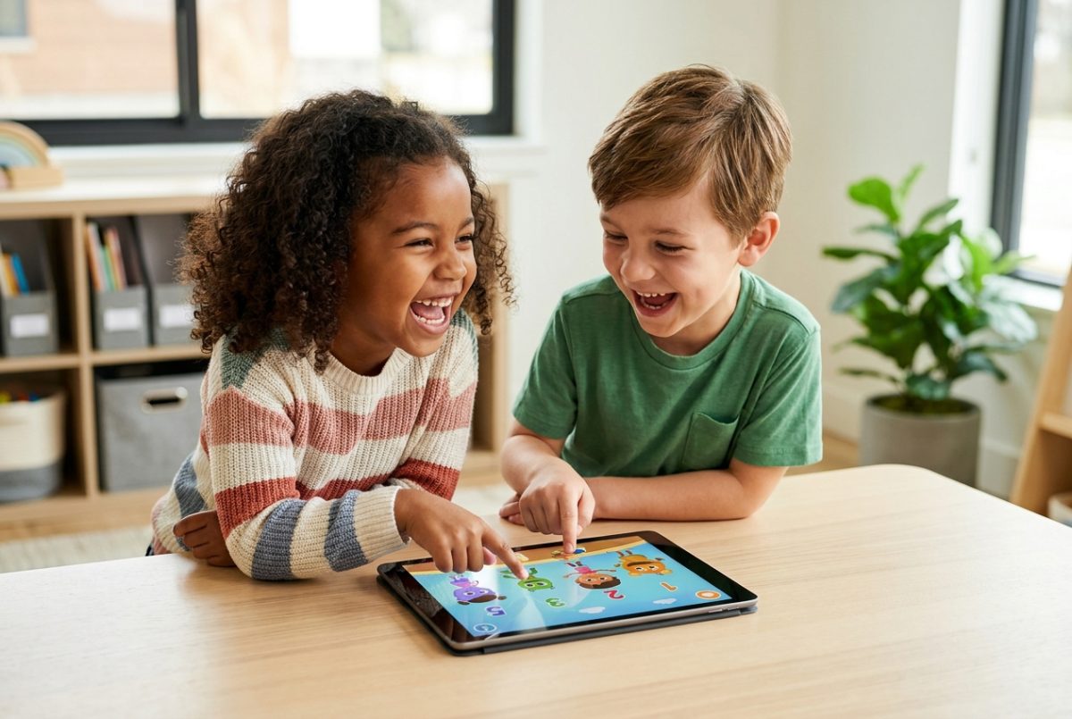 Two children laughing while playing a colourful learning game on a tablet