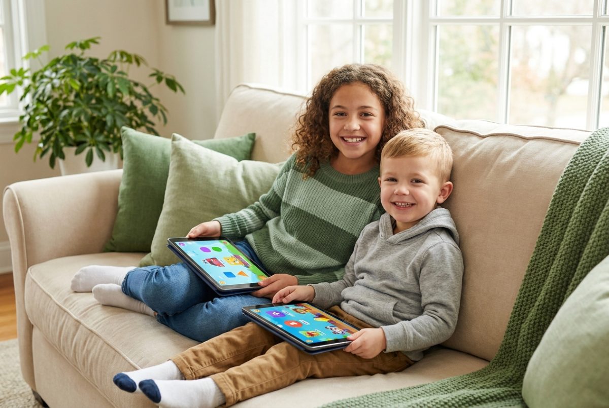 Two children each playing on their own tablet