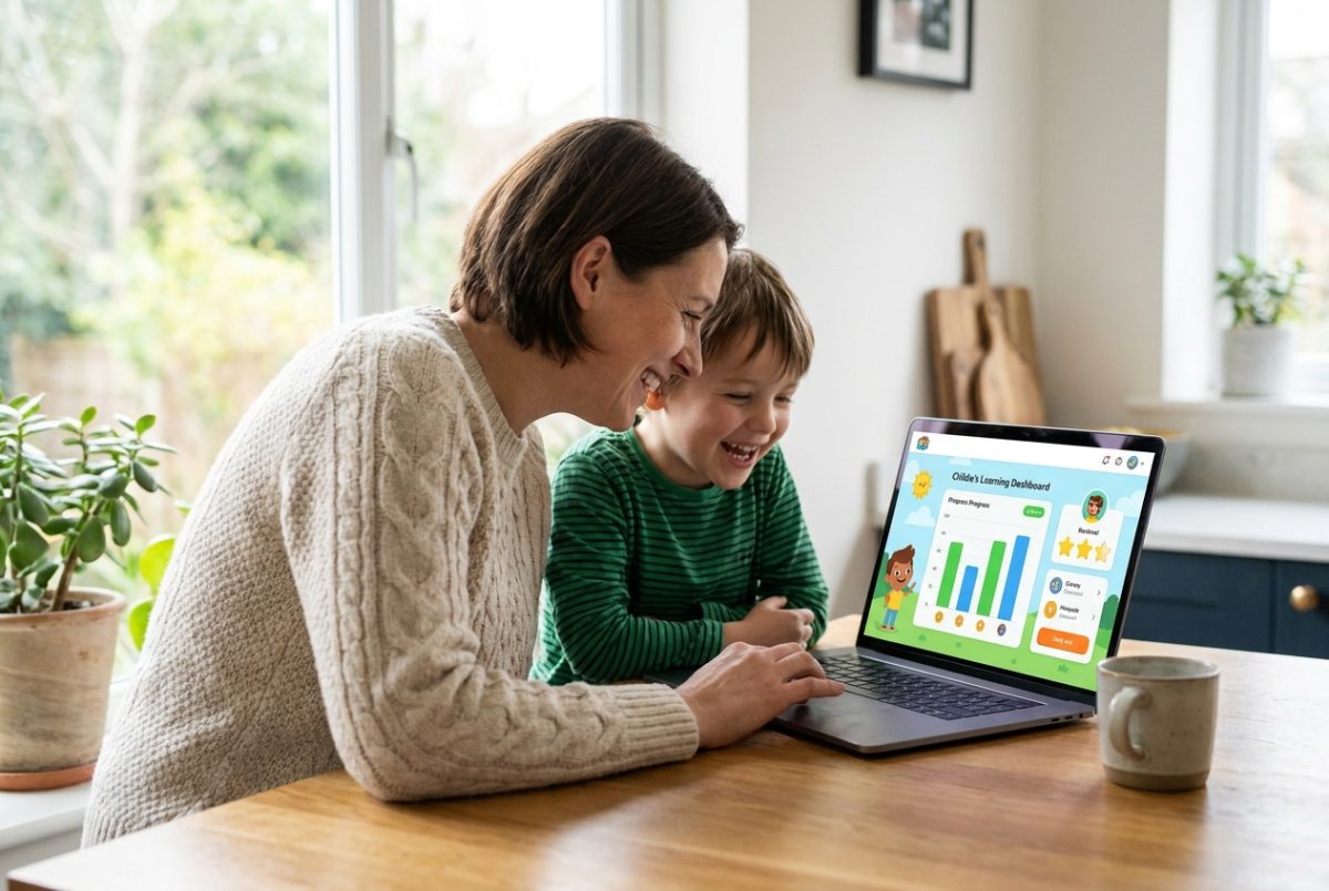 A parent and child looking at the learning dashboard together