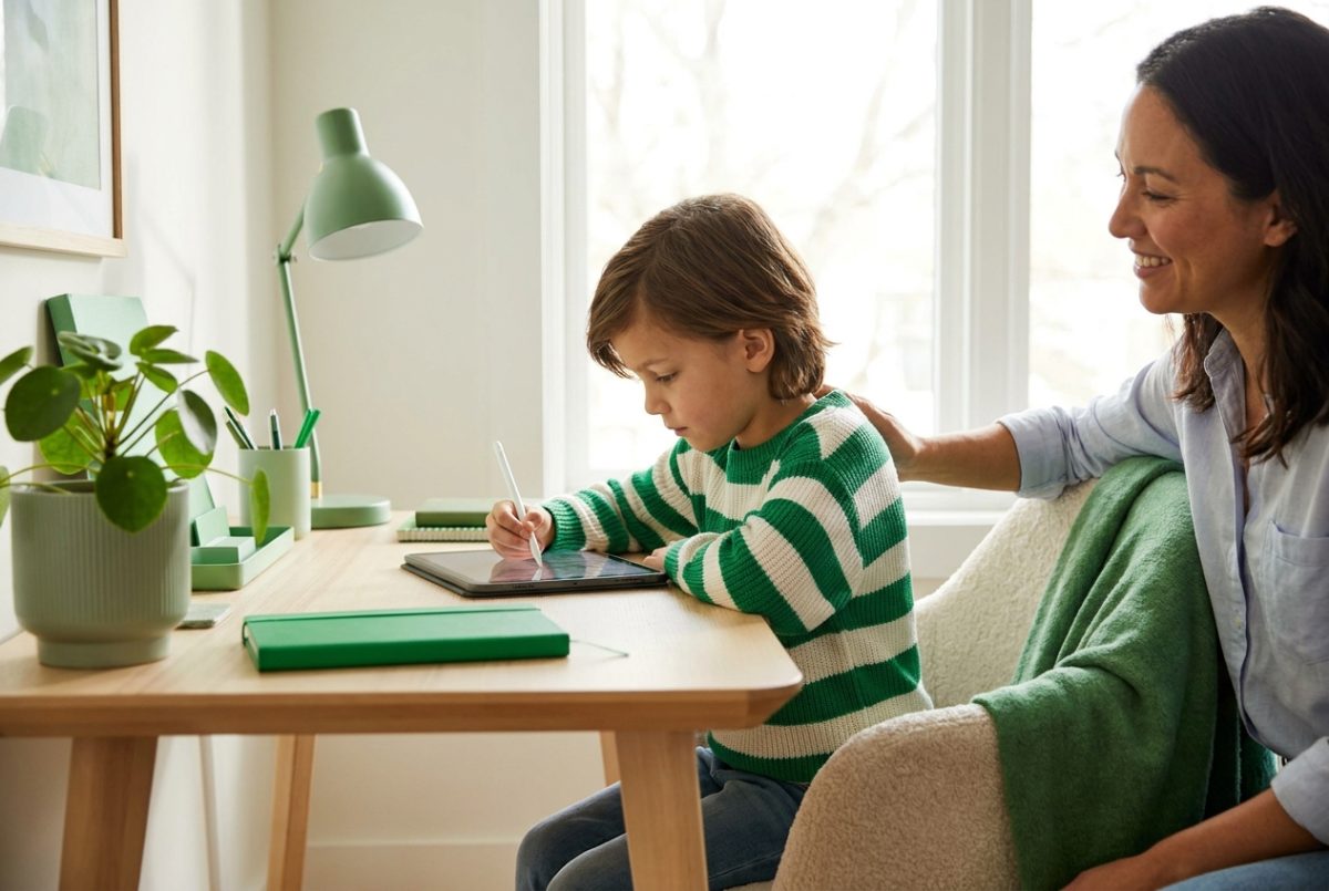 A child practising on a tablet with a parent nearby