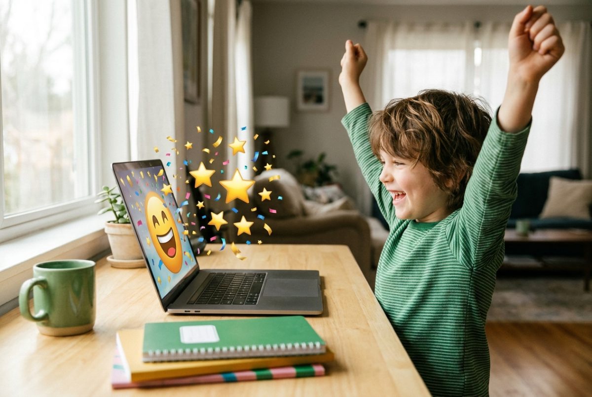 A child celebrating a win in front of a laptop