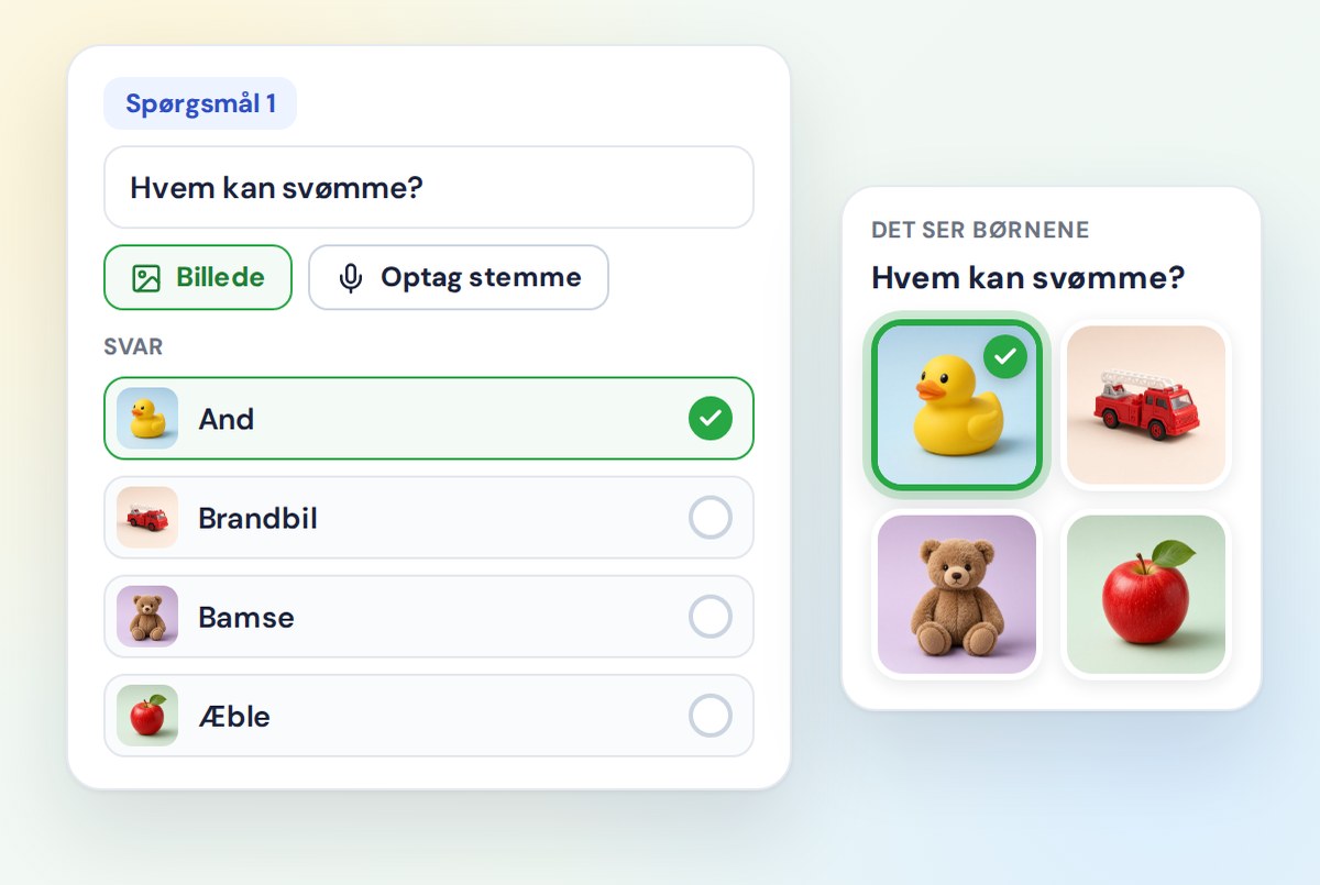Quiz-editoren med et spørgsmål, knapperne Billede og Optag stemme og billedsvar ved siden af det samme spørgsmål, sådan som børnene ser det