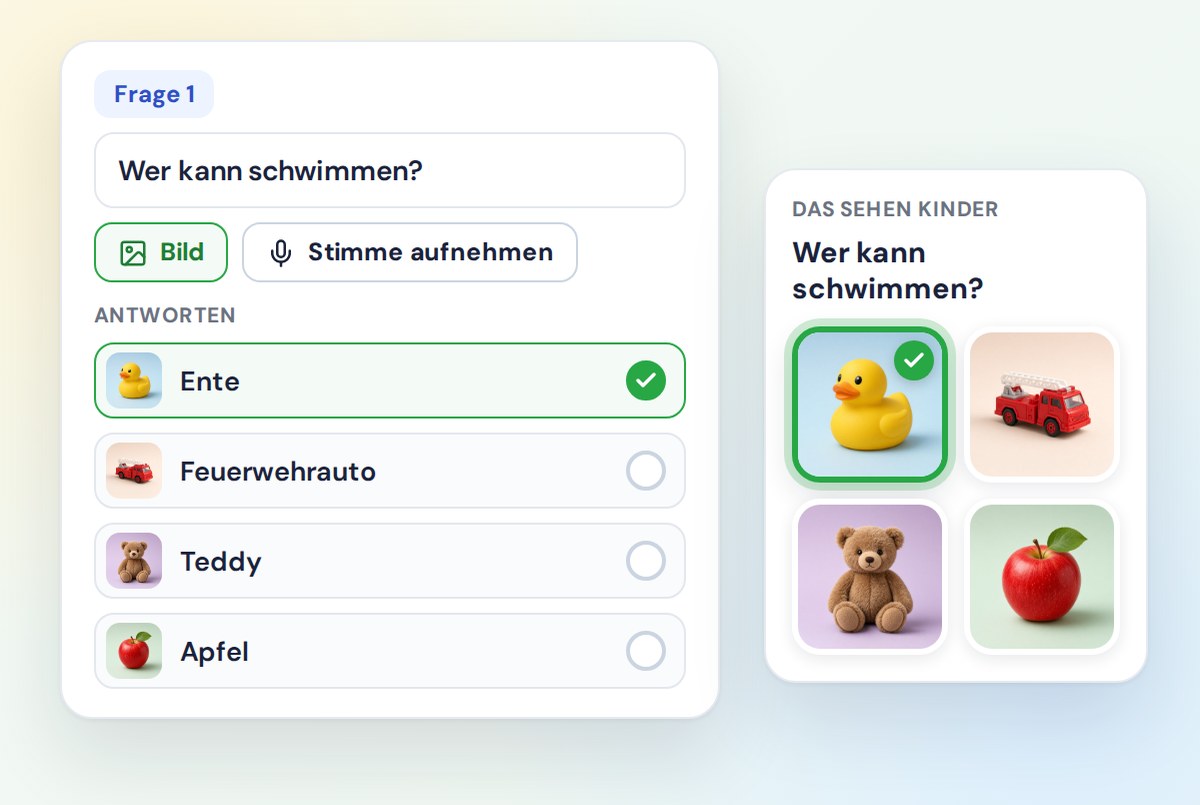Der Quiz-Editor mit einer Frage, den Schaltflächen „Bild“ und „Stimme aufnehmen“ und Bildantworten, daneben dieselbe Frage aus Sicht der Kinder