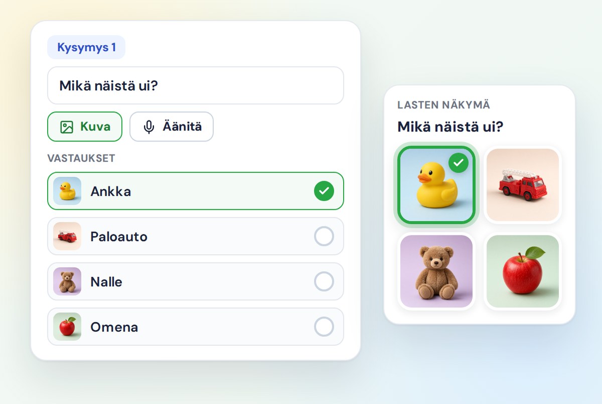 Visan muokkausnäkymä, jossa on kysymys, Kuva- ja Äänitä-painikkeet sekä kuvavastaukset, ja vieressä sama kysymys lasten näkemänä
