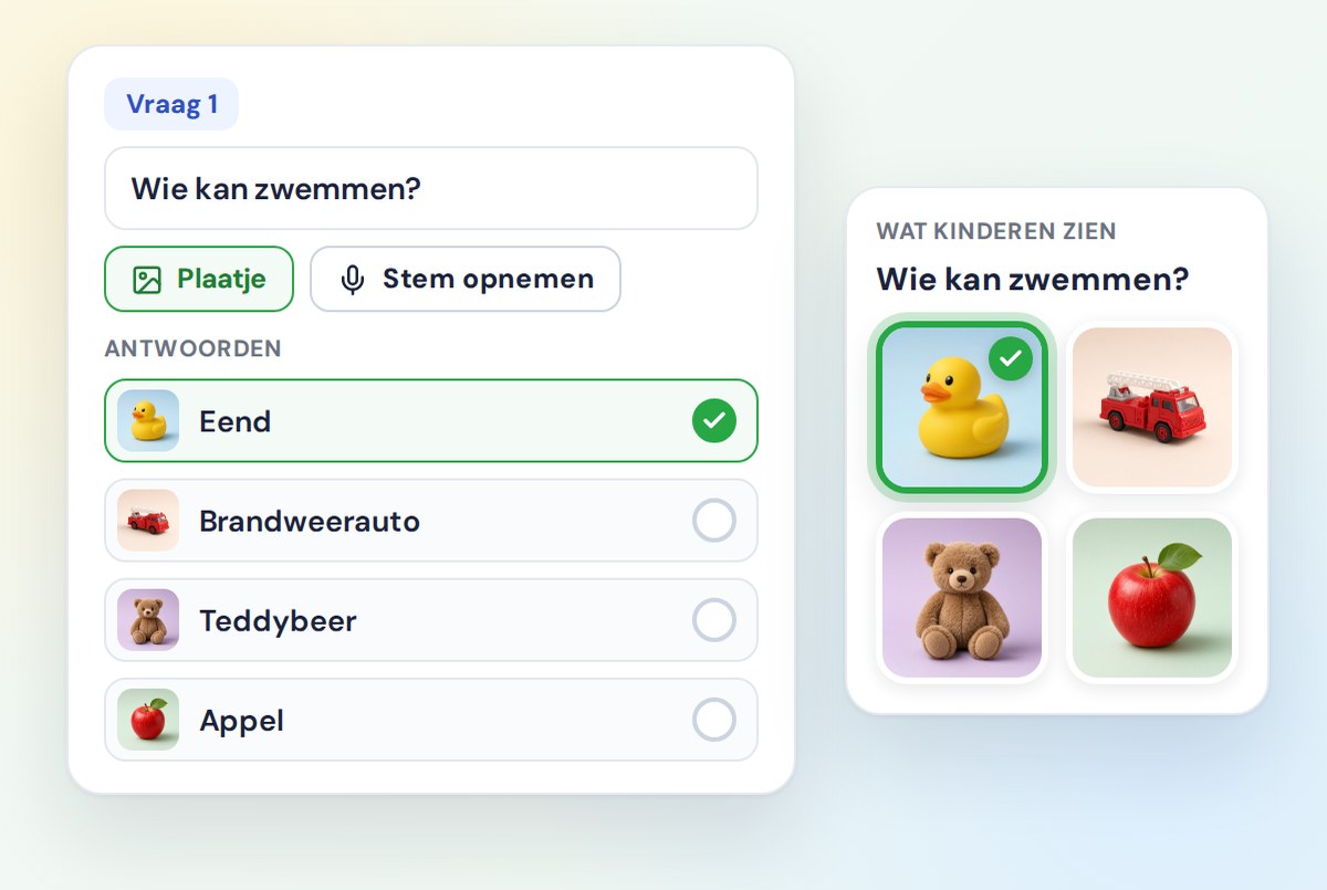 De quizeditor met een vraag, de knoppen Plaatje en Stem opnemen en antwoorden met plaatjes, naast dezelfde vraag zoals kinderen die zien