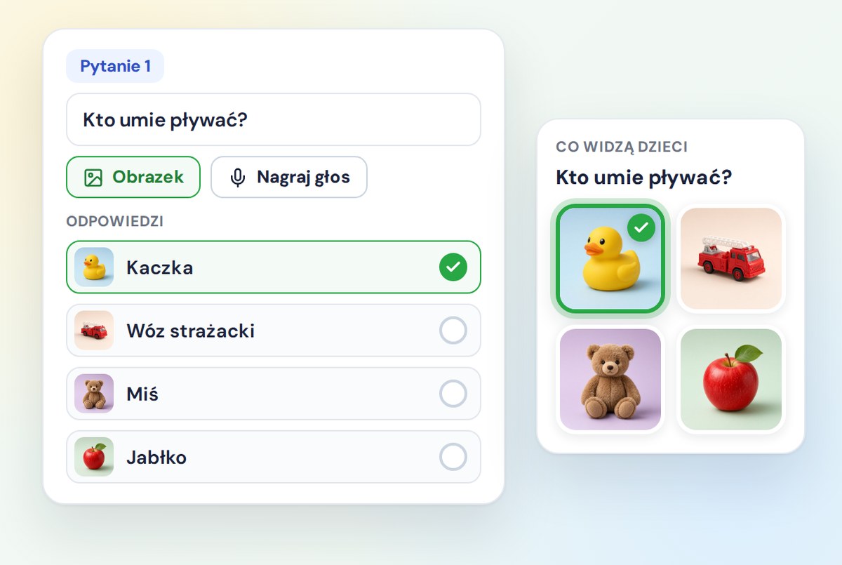 Edytor quizu z pytaniem, przyciskami „Obrazek” i „Nagraj głos” oraz odpowiedziami w formie obrazków, obok tego samego pytania w widoku dziecka