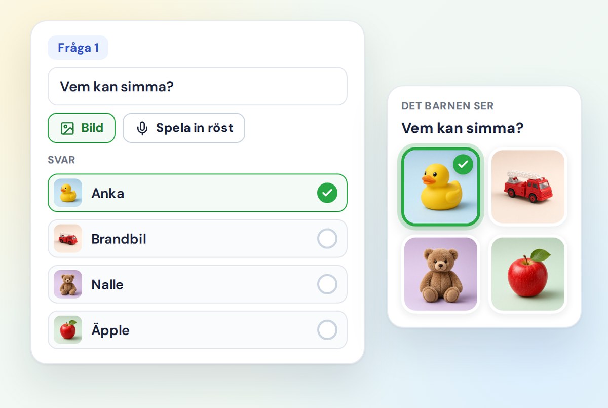 Quizredigeraren med en fråga, knapparna Bild och Spela in röst samt bildsvar, bredvid samma fråga som barnen ser den
