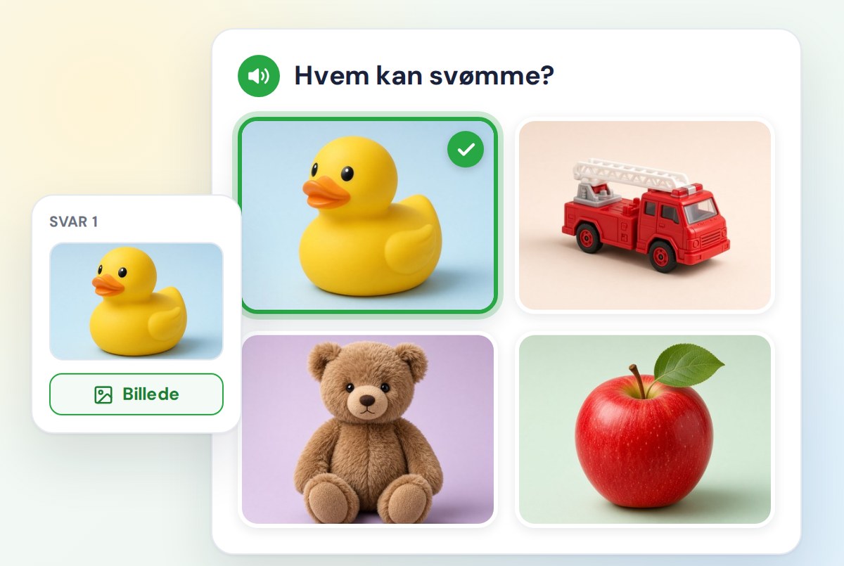 En billedquiz: et foto af en and tilføjet til et svar, og børn, der vælger mellem en and, en brandbil, en bamse og et æble