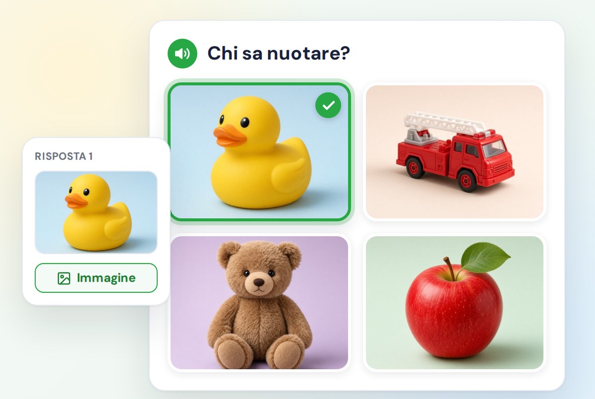 Un quiz con immagini: la foto di una papera aggiunta a una risposta e i bambini che scelgono tra una papera, un camion dei pompieri, un orsetto e una mela