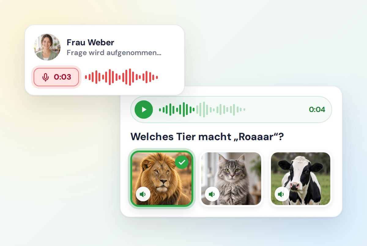 Eine Lehrerin nimmt ihre Stimme für eine Frage auf, und Kinder hören sie ab, bevor sie Löwe, Katze oder Kuh wählen