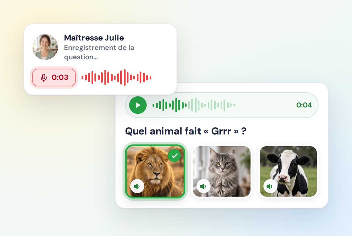 Une enseignante enregistrant sa voix pour une question, et des enfants qui l'écoutent avant de choisir le lion, le chat ou la vache