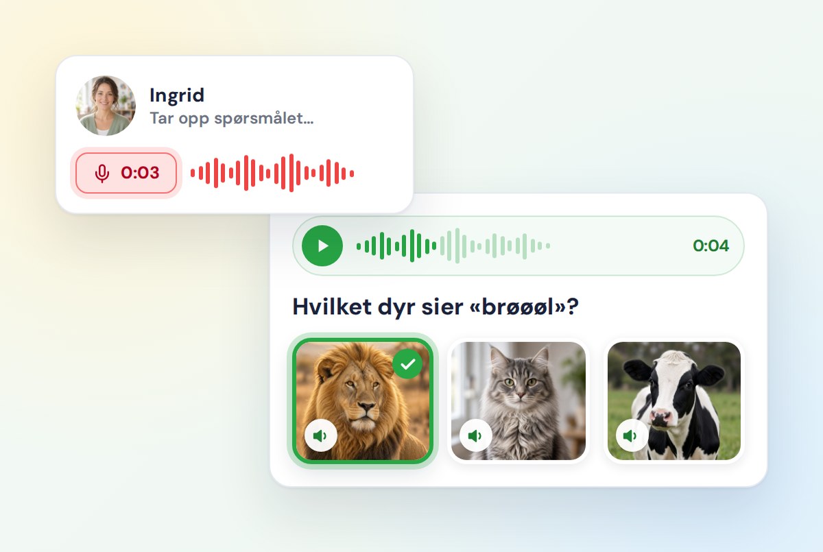 En lærer som tar opp stemmen sin til et spørsmål, og barn som spiller av opptaket før de velger løven, katten eller kua