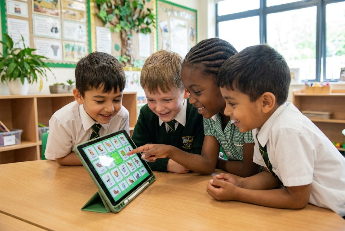 Children tapping their names on a shared classroom tablet