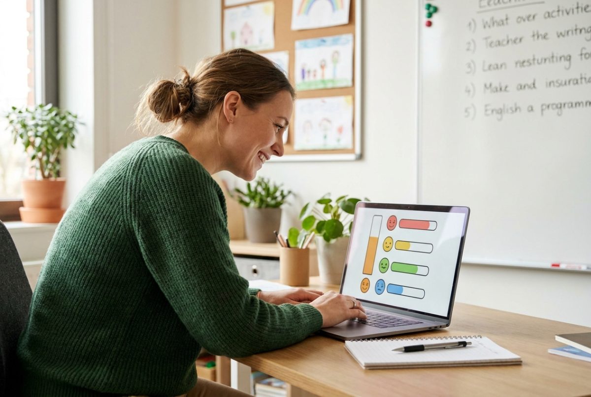 A teacher assigning work and reviewing class progress