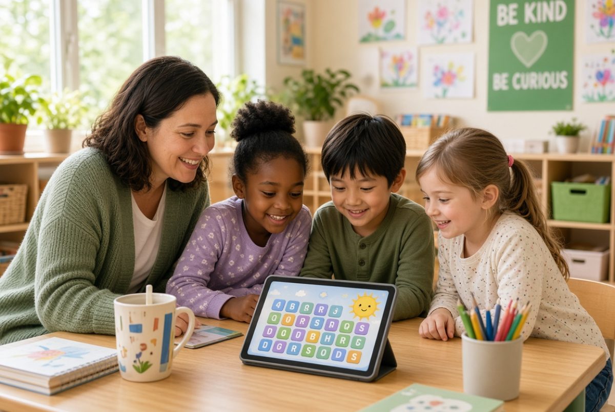 Children and their teacher playing a word game filled with the class's own words on a tablet