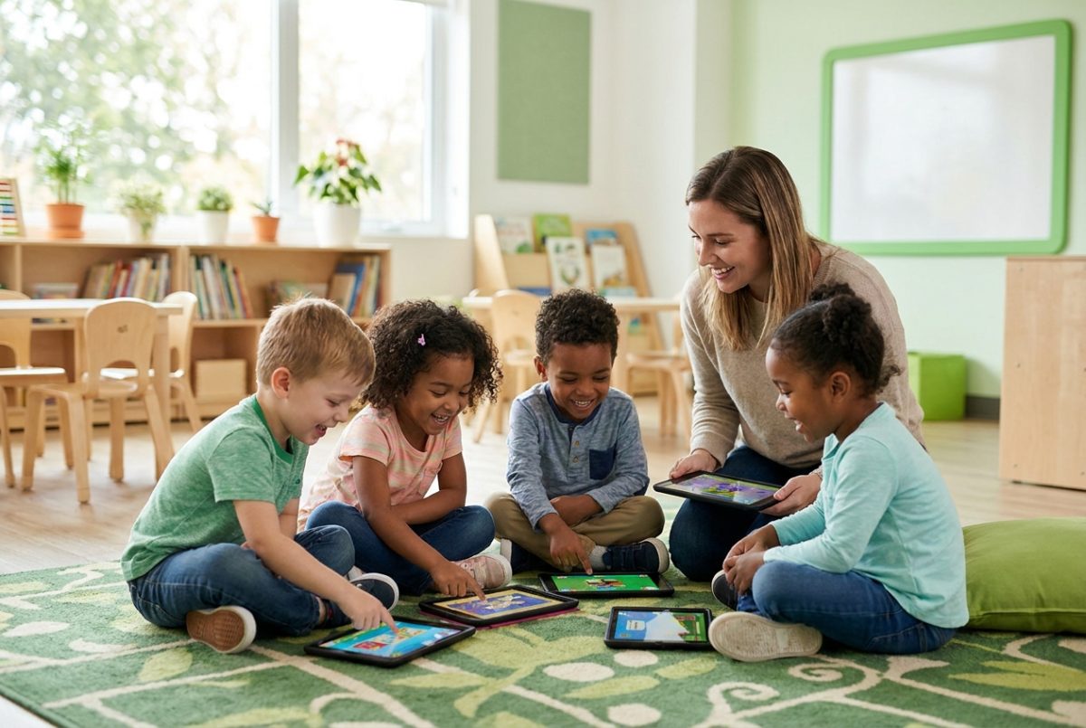 Young children happily playing colourful learning games with their teacher