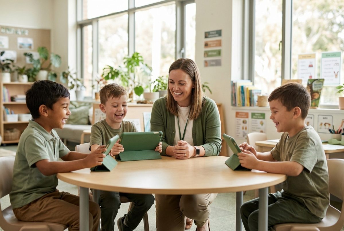 A teacher and young students using tablets in a bright classroom