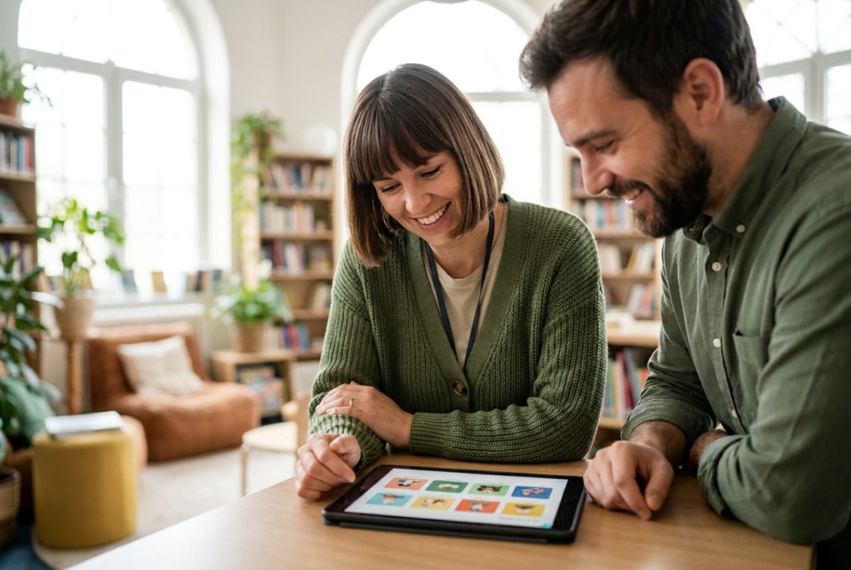 Two teachers browsing a shared quiz library on a tablet