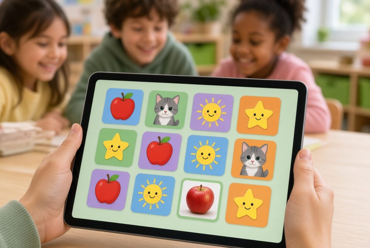 A memory game customised with the teacher's own picture on a classroom tablet