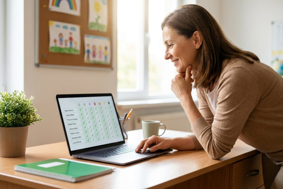 A teacher reviewing per-student results on a laptop