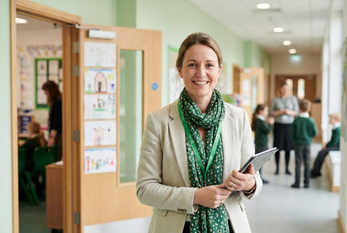 A school principal in a bright school corridor